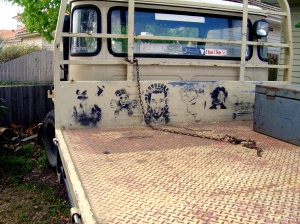 Stencils on back of a truck
